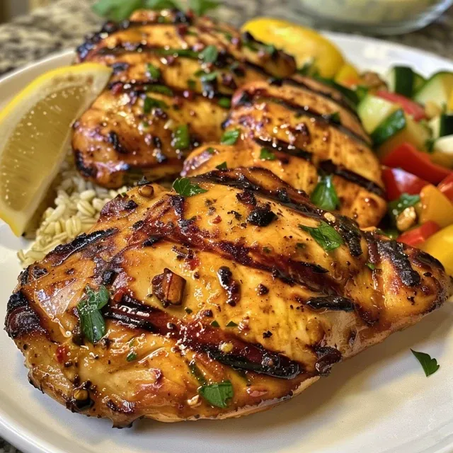 Grilled chicken breast plated with brown rice and mixed vegetables.