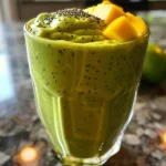 Close-up view of a vibrant mango spinach smoothie in a clear glass.