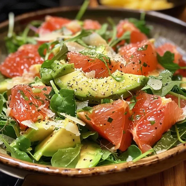 A vibrant bowl of grapefruit and avocado salad with slices of red onion and cilantro on top.