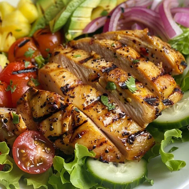 Close-up view of a vibrant grilled pineapple chicken salad with colorful ingredients.
