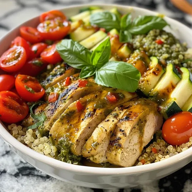 Close-up view of a Pesto Chicken Quinoa Bowl with vibrant ingredients.