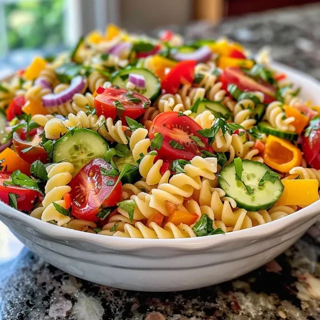 Side view of a fresh pasta salad with cherry tomatoes, cucumber, and bright herbs.