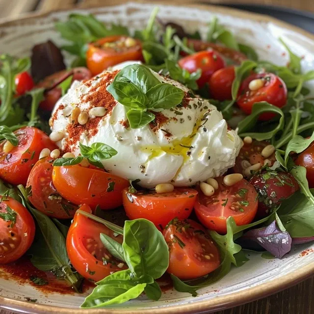 A beautiful arrangement of roasted cherry tomatoes and creamy burrata atop mixed greens.