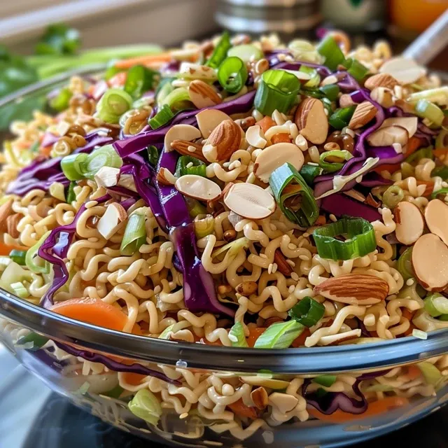 Side view of a delicious Asian Ramen Noodle Salad with crunchy toppings in a bowl.