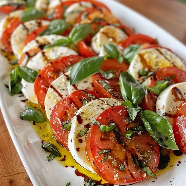 A detailed view of roasted tomatoes and mozzarella layered with basil leaves in a salad.