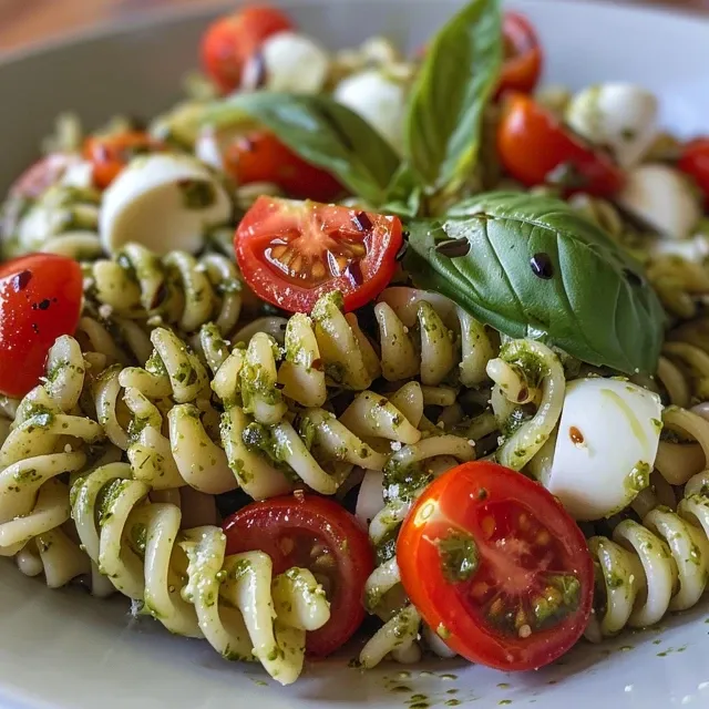 Side view of a fresh Caprese Pesto Pasta Salad featuring vibrant ingredients like basil and balsamic glaze.