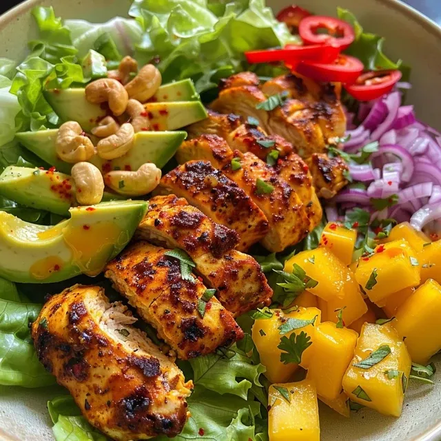 Side view of a vibrant Spicy Mango Chicken Salad featuring grilled chicken and fresh vegetables.