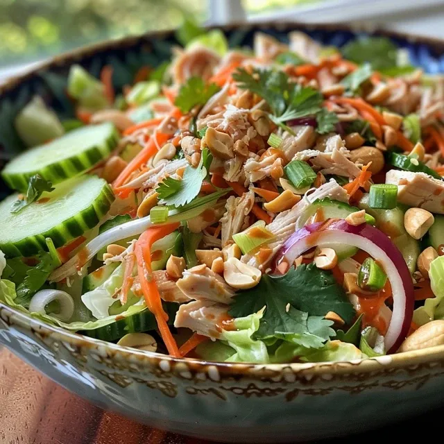 Side view of a fresh Thai Chicken Salad displaying shredded chicken and mixed greens.