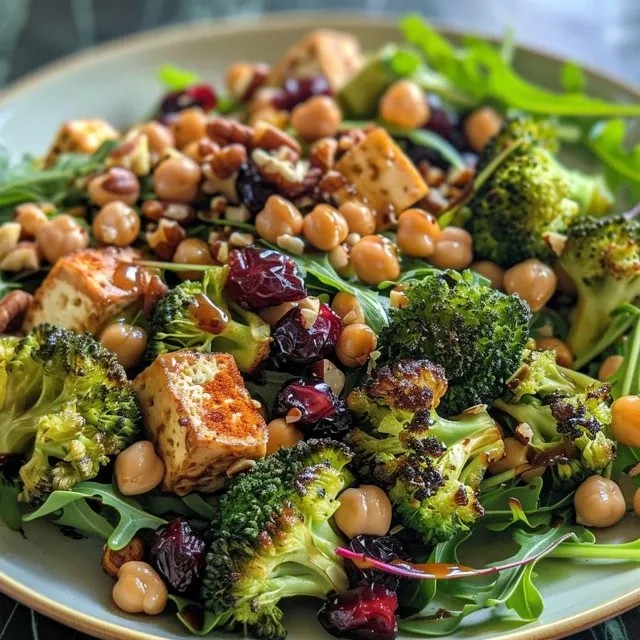 Side photo of a colorful salad featuring roasted broccoli, tofu, and dried cranberries.