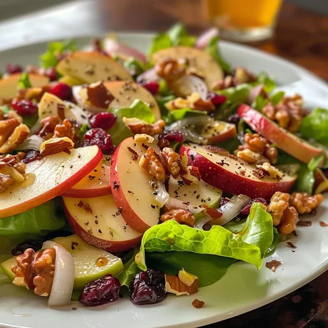 Side view of a fresh salad featuring Fuji and Granny Smith apples, walnuts, and cranberries.