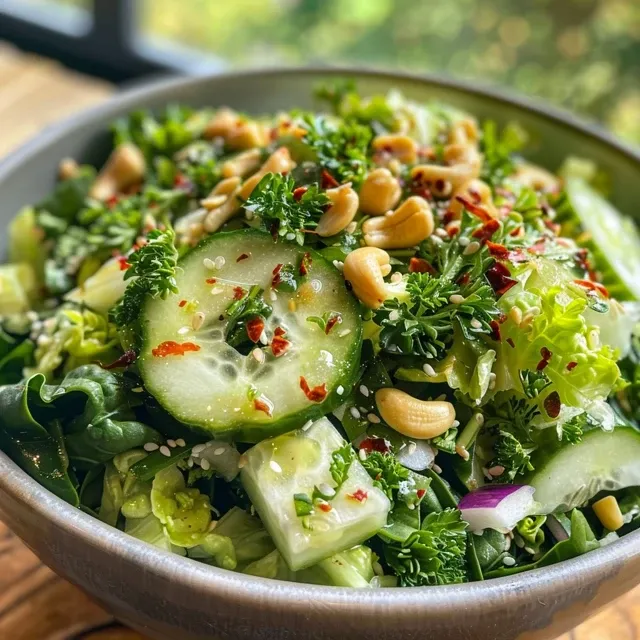 Side view of a fresh Cashew Crunch Salad showcasing shredded cabbage, carrots, and cashews.