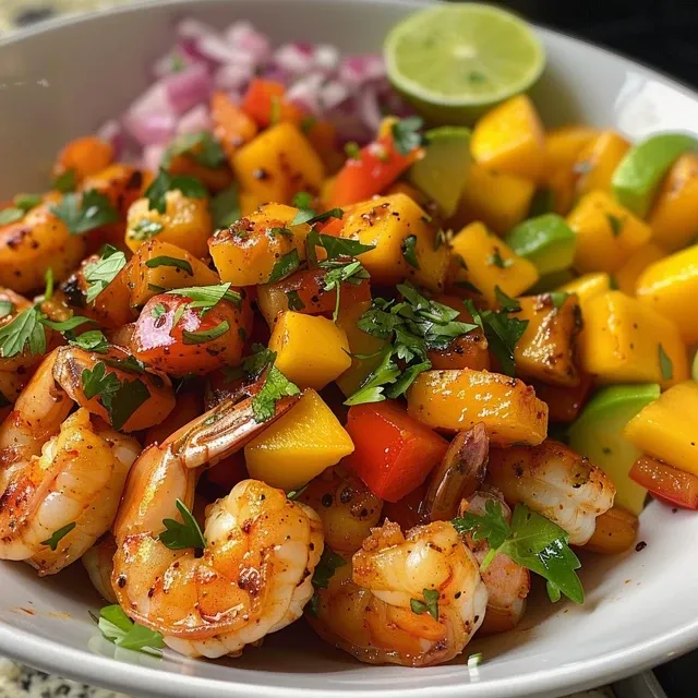 Close-up view of a Mango Shrimp Salad with shrimp, mango, avocado, and bell pepper.