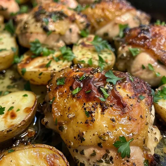 Close-up of flavorful creamy herb chicken served with halved baby potatoes, showcasing a delicious meal.
