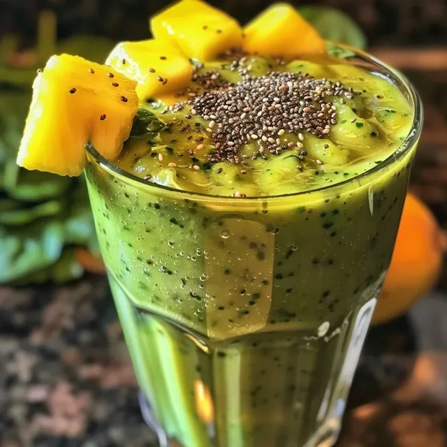 Side view of a Mango Spinach Smoothie, highlighting its creamy texture and fresh ingredients.