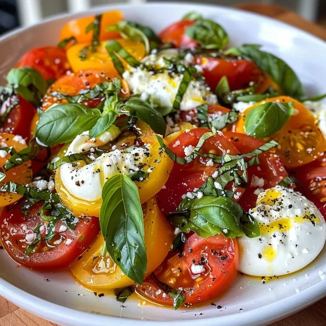 Side angle of a colorful Caprese salad featuring heirloom tomatoes and creamy burrata.