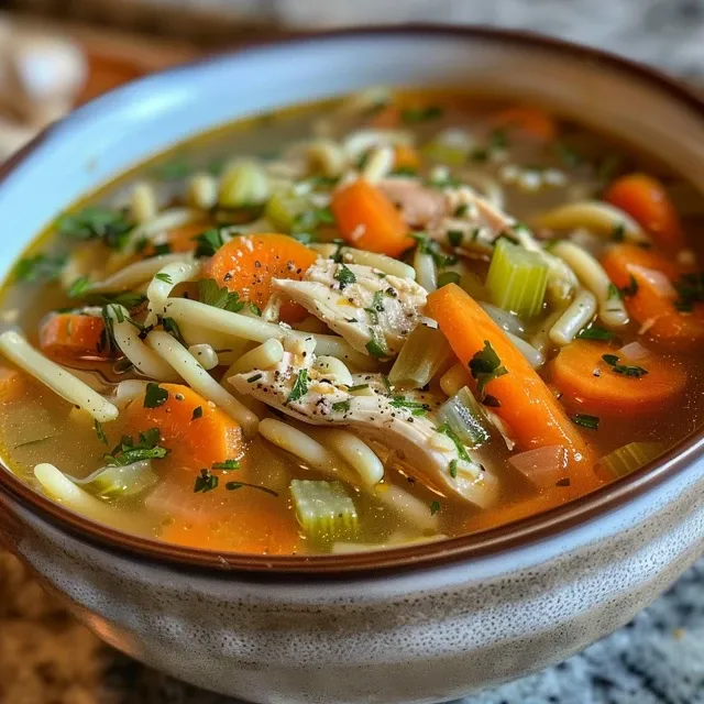 Side view of a hearty bowl of gluten-free chicken noodle soup featuring noodles and fresh ingredients.