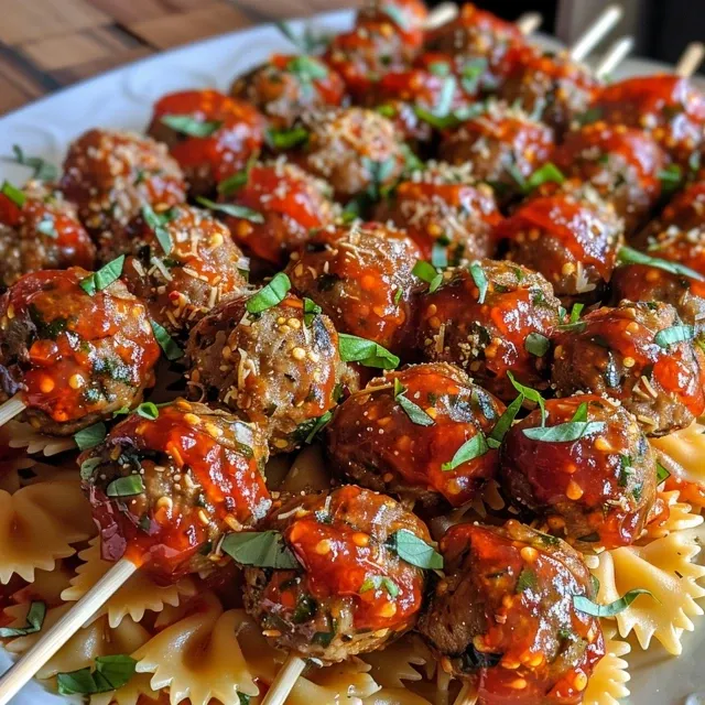 Juicy meatball skewers with bowtie pasta and fresh basil on a plate.