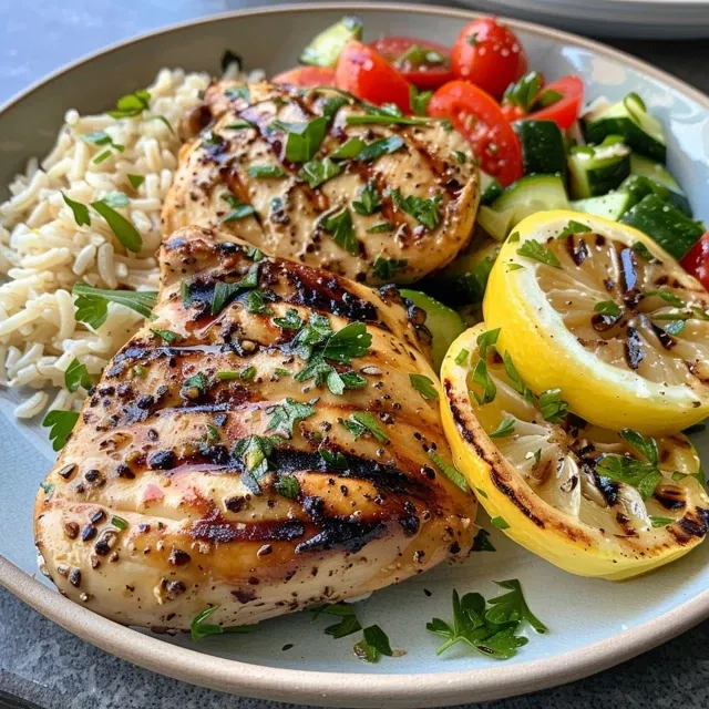 Healthy grilled chicken dish with colorful vegetables and rice on the side.