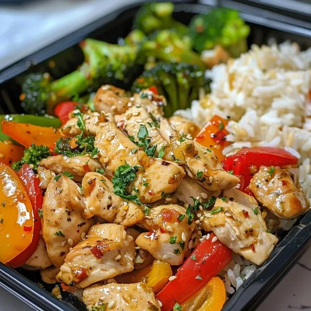 Close-up shot of a lunch box filled with chicken, rice, and vibrant vegetables.