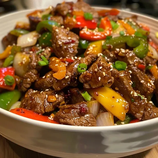 Juicy, crispy sweet chili beef highlighted with slices of bell peppers and onion.