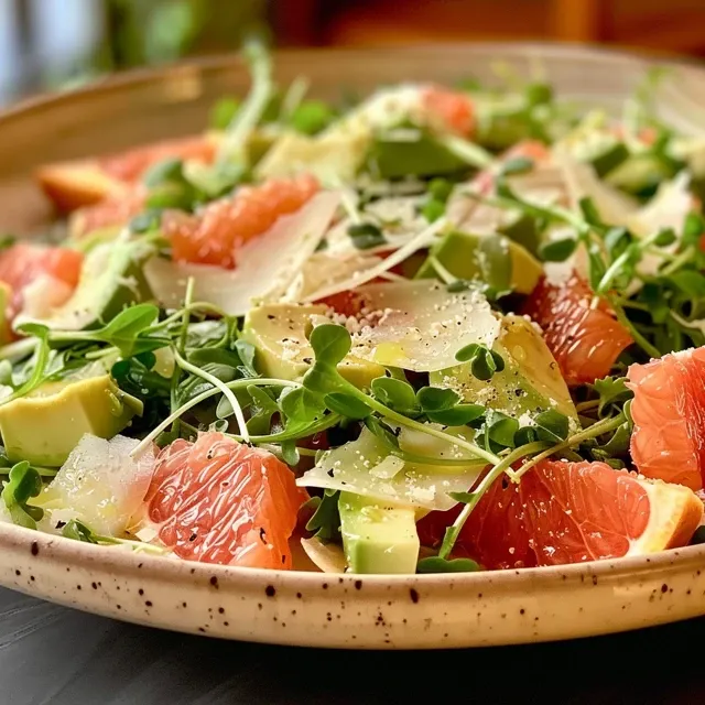 Close-up view of a fresh salad featuring diced avocado and segmented grapefruit with a sprinkle of herbs.