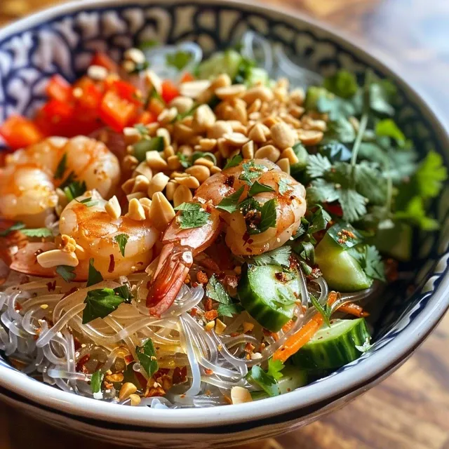 A side angle photo of a delicious Thai Peanut Chicken Salad with chopped peanuts and fresh herbs.
