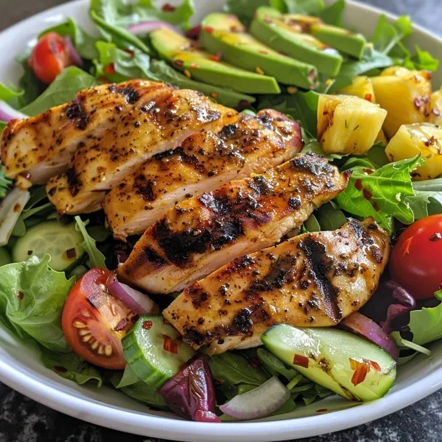 Juicy grilled chicken breast slices topped with grilled pineapple and fresh salad greens.