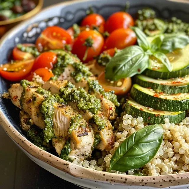 A side view of a delicious Pesto Chicken Quinoa Bowl filled with fresh vegetables and chicken.
