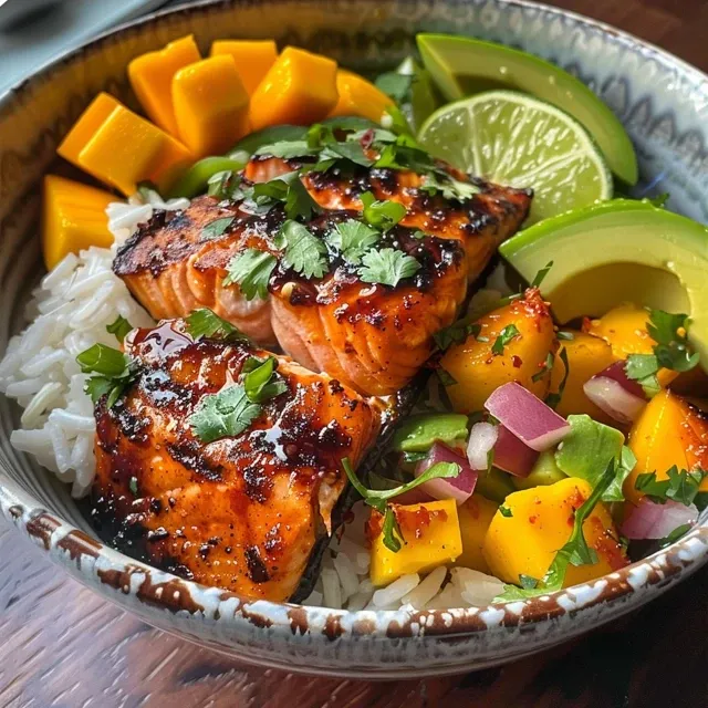Side view of a vibrant BBQ Salmon Bowl with diced mango and avocado.
