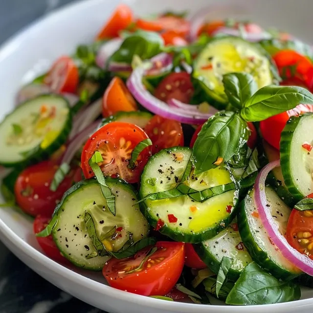 A refreshing basil salad captured from the side, showcasing juicy ingredients including fresh basil, cucumbers, and tomatoes.