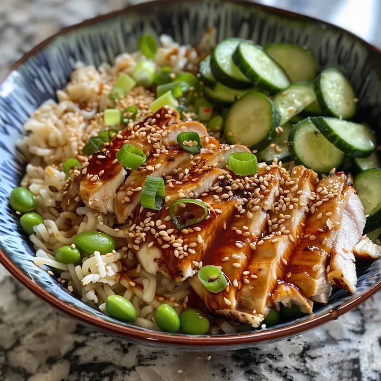 Close-up of sesame noodle bowl with colorful ingredients, including diced cucumbers and edamame.