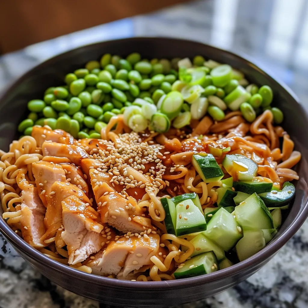 Side view of a vibrant sesame noodle bowl featuring stir-fried noodles and sesame seeds.