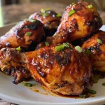 Juicy BBQ chicken thighs served on a plate with a crispy skin.