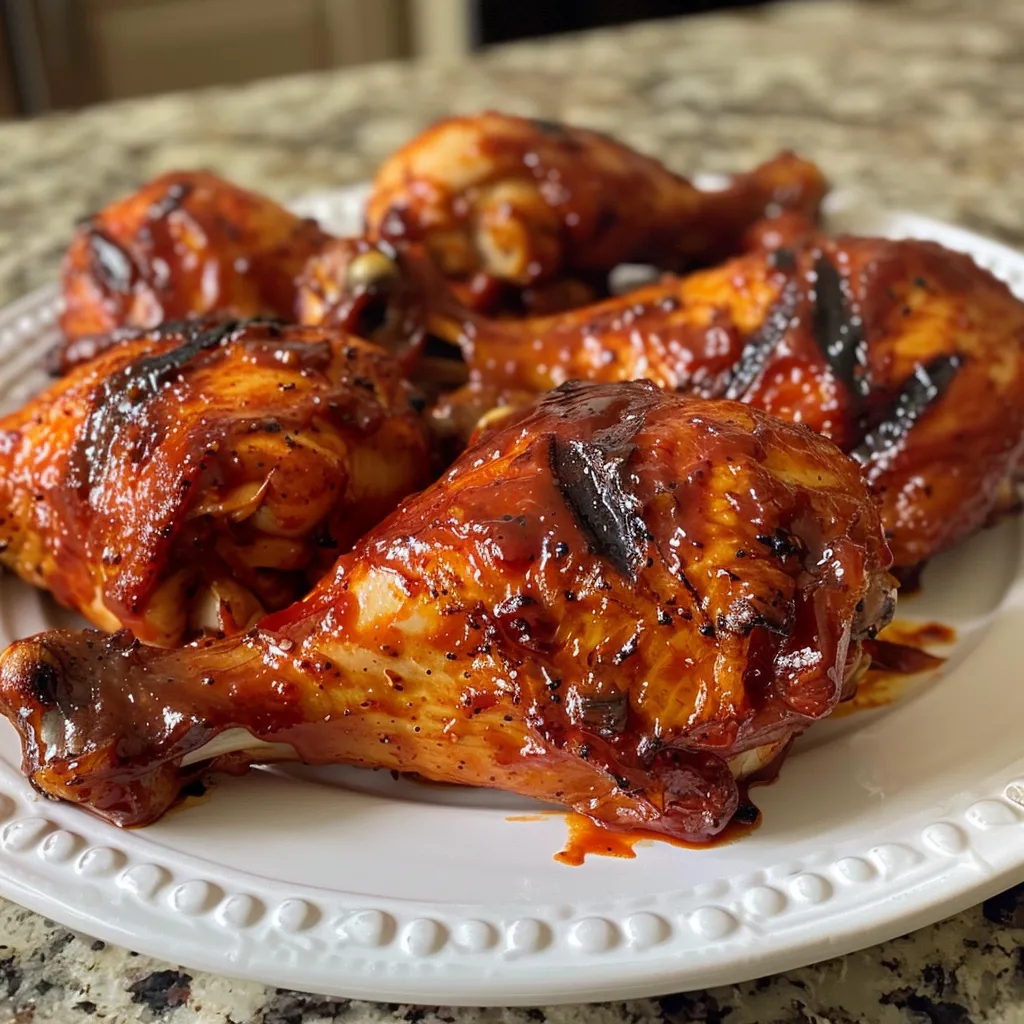Close-up view of air fryer-cooked chicken thighs glazed with barbecue sauce.