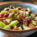 Close-up view of a colorful apple salad with grapes and pecans, showing vibrant ingredients.