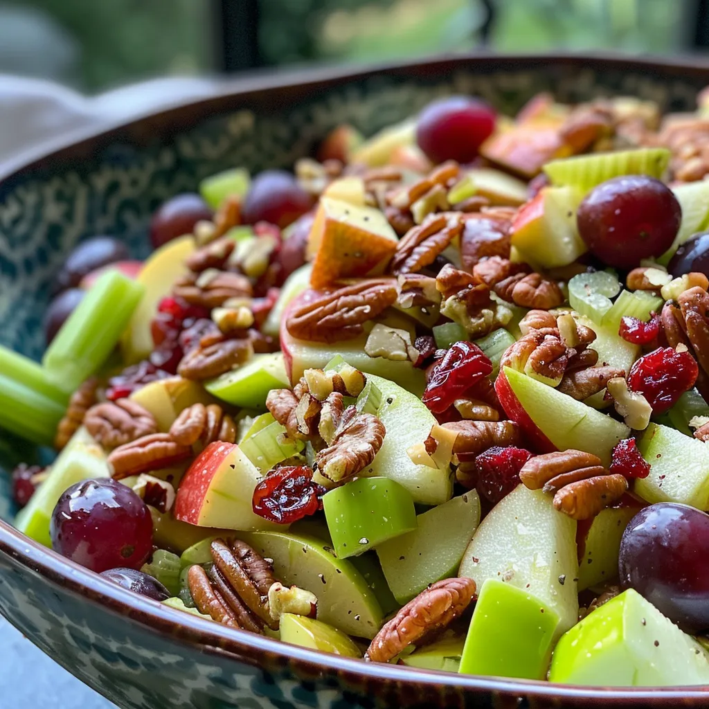 Juicy apple salad with chopped apples, grapes, and pecans in a bowl.