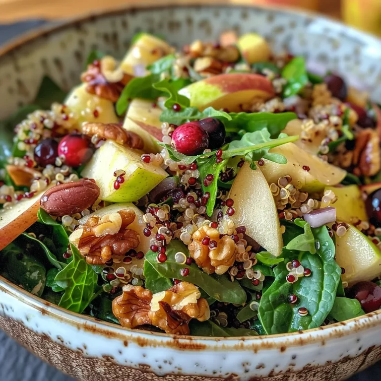 Close-up shot of a colorful Apple Walnut Salad with visible quinoa, spinach, and diced apples.