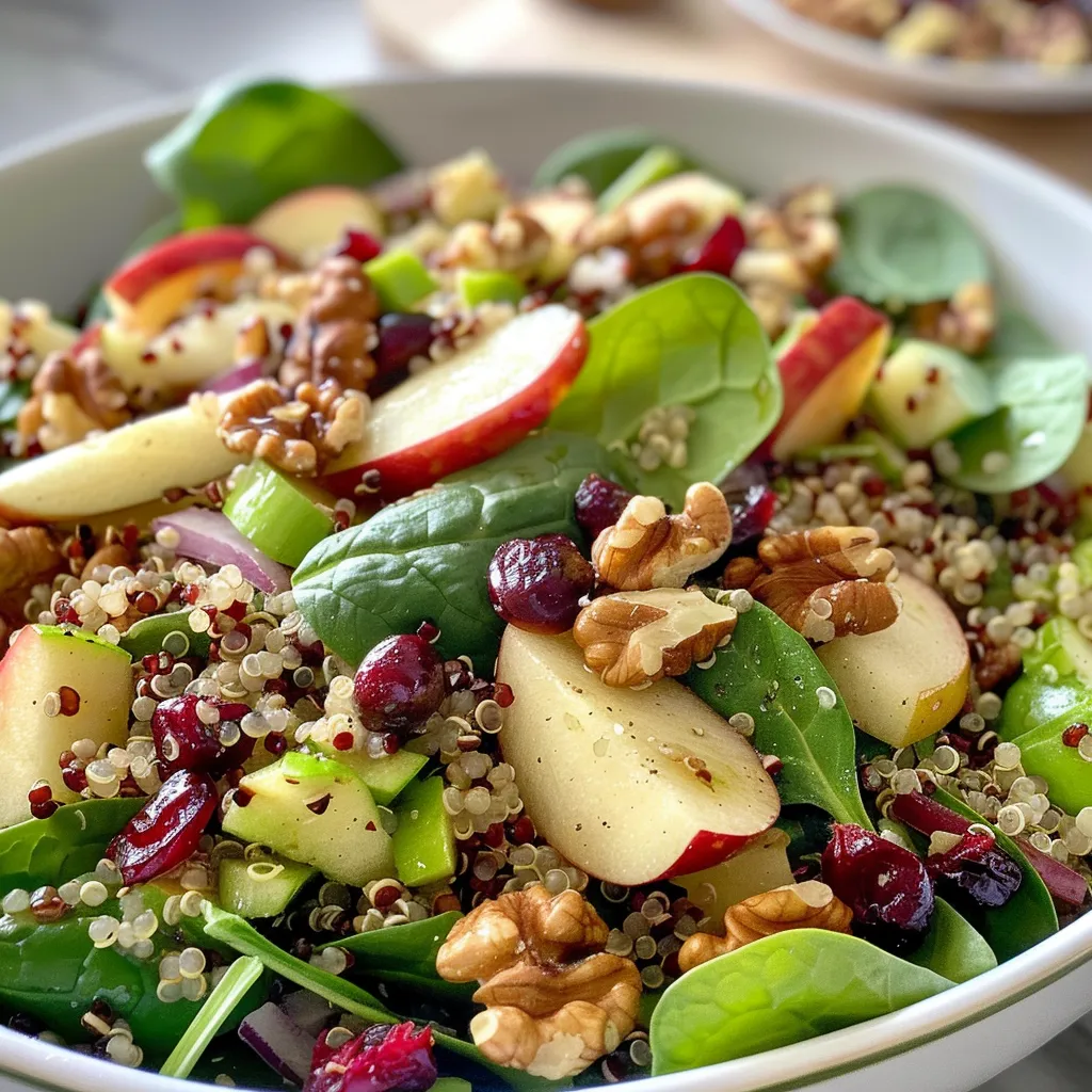 Side view of a vibrant Apple Walnut Salad showcasing walnuts, cranberries, and red onion.