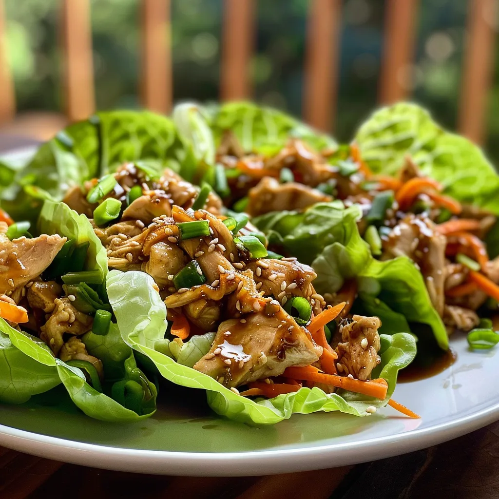 Side view of delicious Asian Chicken Lettuce Wraps on a plate.