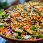 Close-up view of a vibrant Asian Crunch Salad with colorful vegetables and sesame tahini dressing.