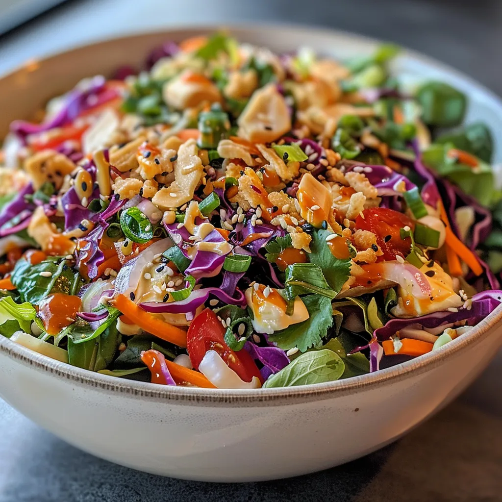 Side view of a fresh Asian Crunch Salad displaying mixed greens, carrots, and a creamy dressing.