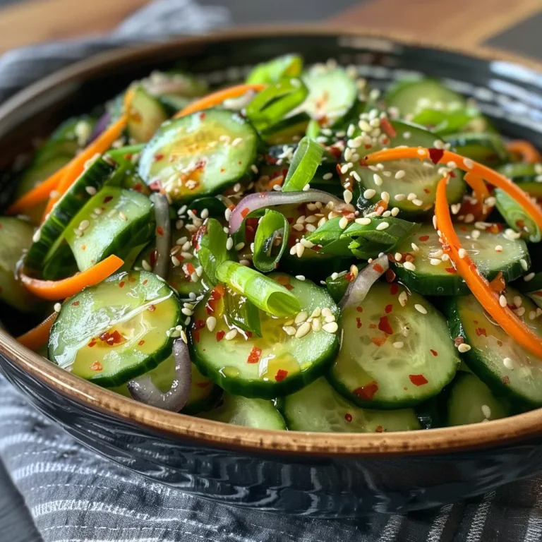 Close-up view of an Asian Sesame Cucumber Salad with vibrant green cucumbers and colorful vegetables.