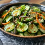 Close-up view of a vibrant Asian Sesame Cucumber Salad with green cucumbers and colorful garnishes.