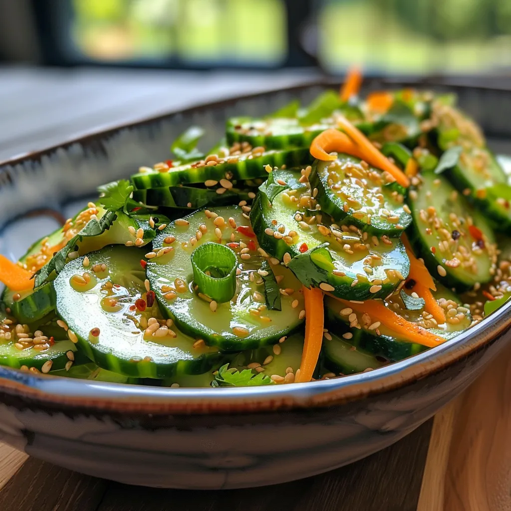 Side view of a fresh, vibrant Asian Sesame Cucumber Salad showcasing sliced cucumbers and garnishes.