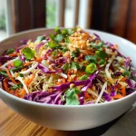 A vibrant bowl of Asian slaw featuring colorful shredded cabbages and vegetables.