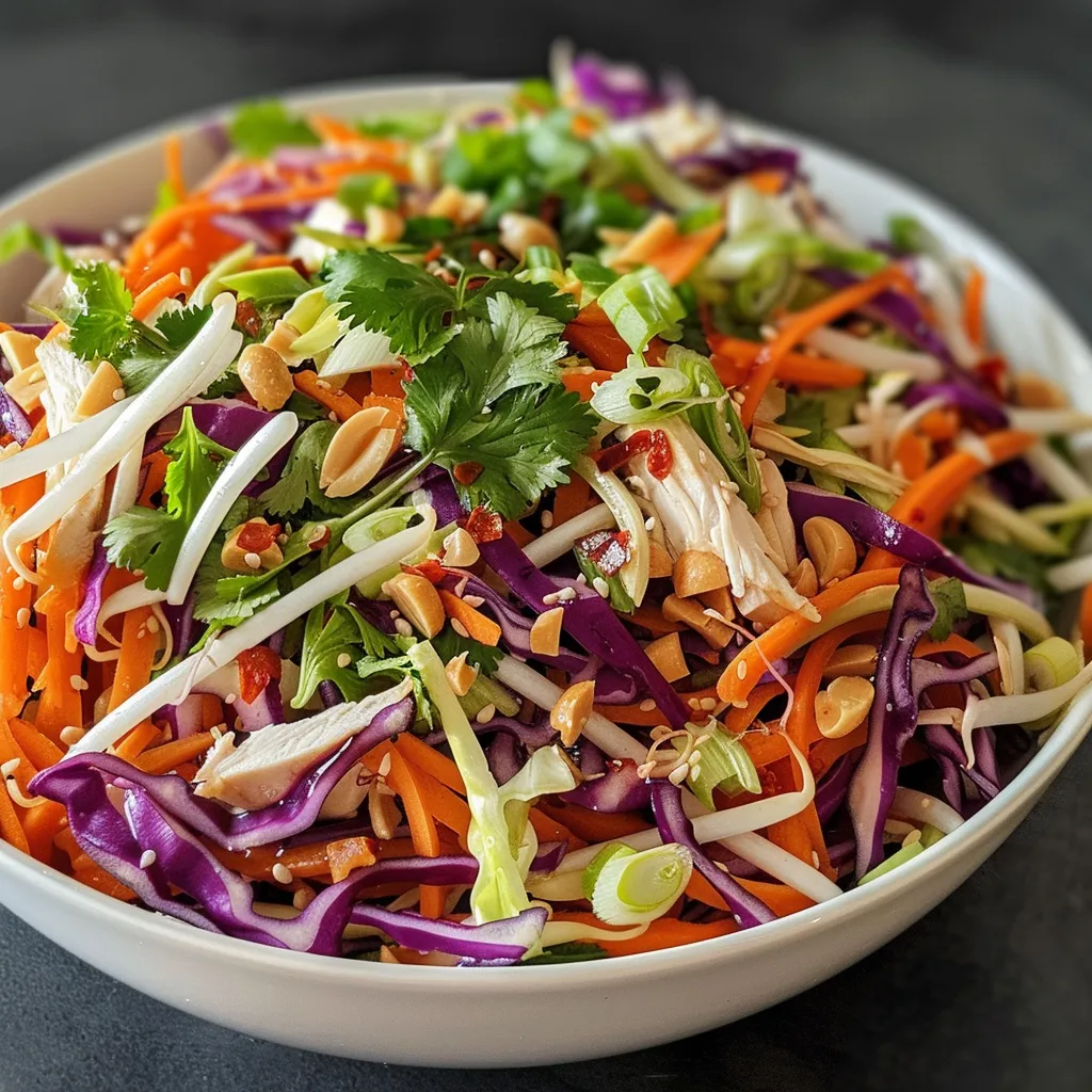 Close-up view of a fresh Asian slaw with crunchy textures and a variety of colorful ingredients.