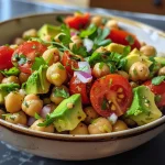 Close-up of a colorful Avocado Chickpea Tomato Salad with diced avocado and halved cherry tomatoes.