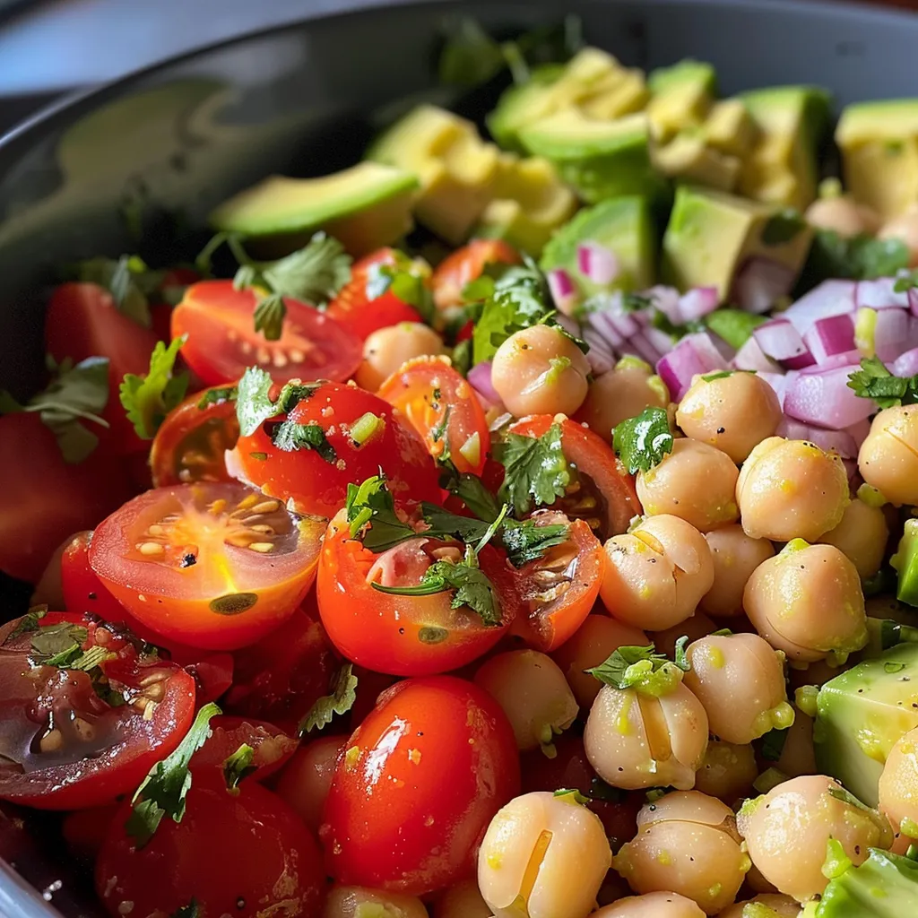 Side view of a fresh salad featuring chickpeas, diced avocados, and bright cherry tomatoes in a bowl.