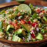Close-up of a colorful avocado couscous salad with chopped veggies.