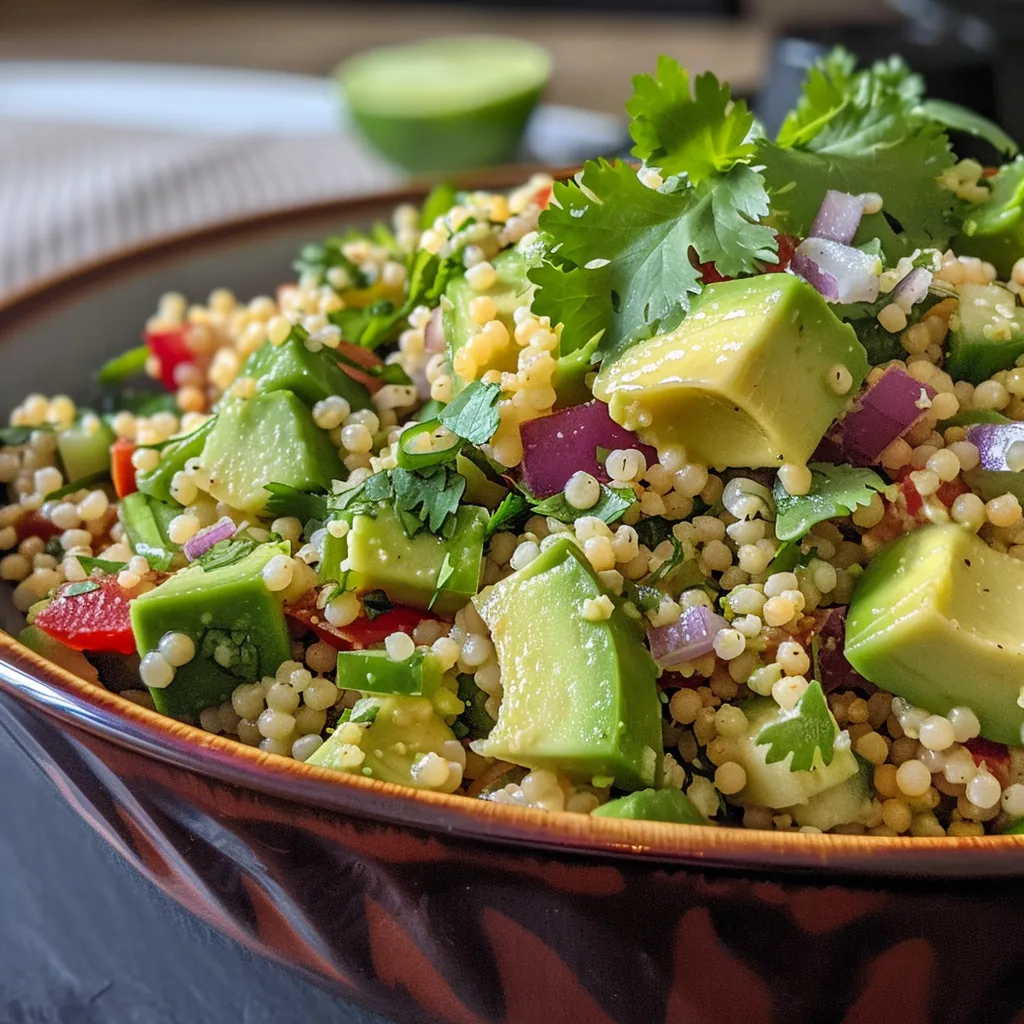 Side view of a fresh couscous salad featuring ripe avocado and feta cheese.